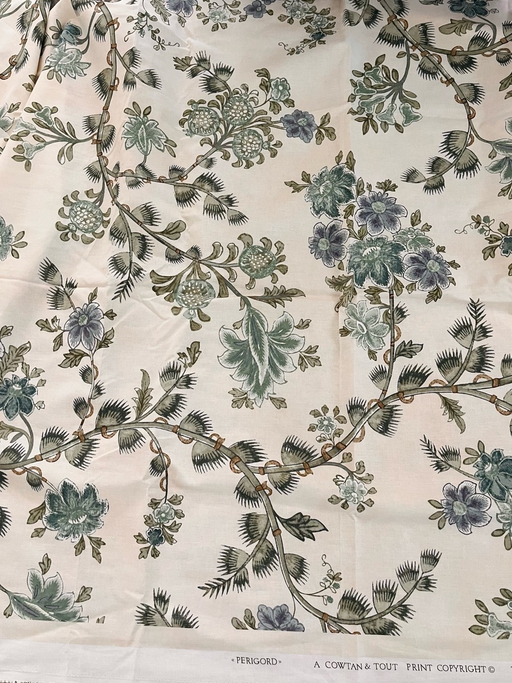 Perigord Floral Printed Fabric - Cream with Green & Blue Floral Cowtan & Tout